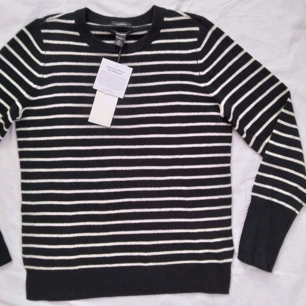 Halogen Cashmere Sweater Crew Neck Black Ivory Striped Long Sleeve Womens Size M - Picture 3 of 9
